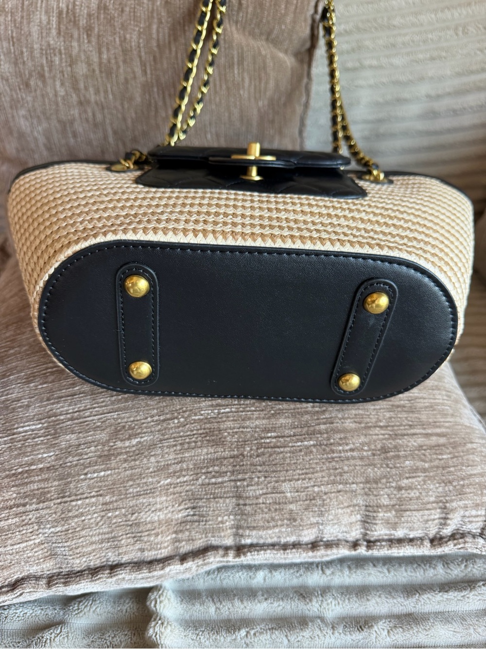 Chanel Logo Black Quilted Lambskin Flap and Straw Tote Bag - Picture 5 of 9